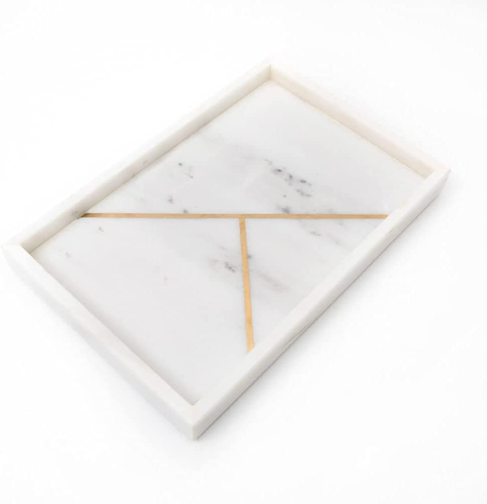 White Marble Tray with Gold Metal 12 x 8 Inch